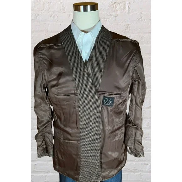 Jos A Bank 46R Signature Houndstooth Blazer Coat Jacket Silk Camelhair - Picture 8 of 14